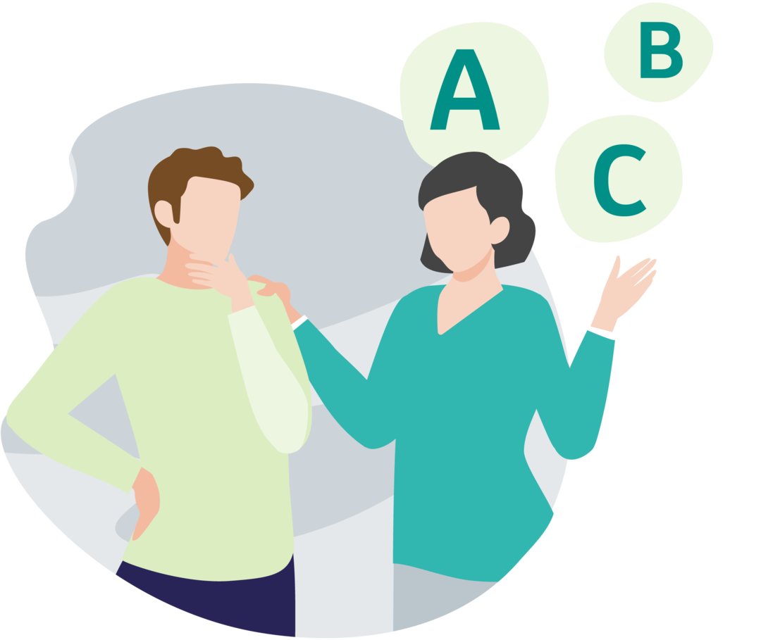 Illustration eines Paares. Sie gibt ihm Ratschläge. Eine Frau unterstützt ihren an CML erkrankten Partner mit Vorschlägen.