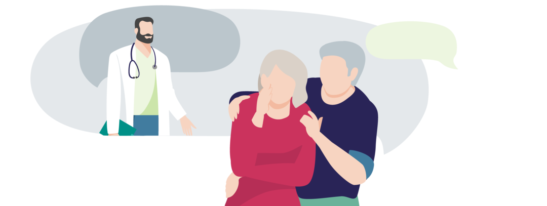 Illustration eines Paares, bei dem der Mann seiner Partnerin Mut zuspricht. Ein Mann ermutigt seine an CML-erkrankte Partnerin, mit ihrem Arzt über ihre Nebenwirkungen zu sprechen.